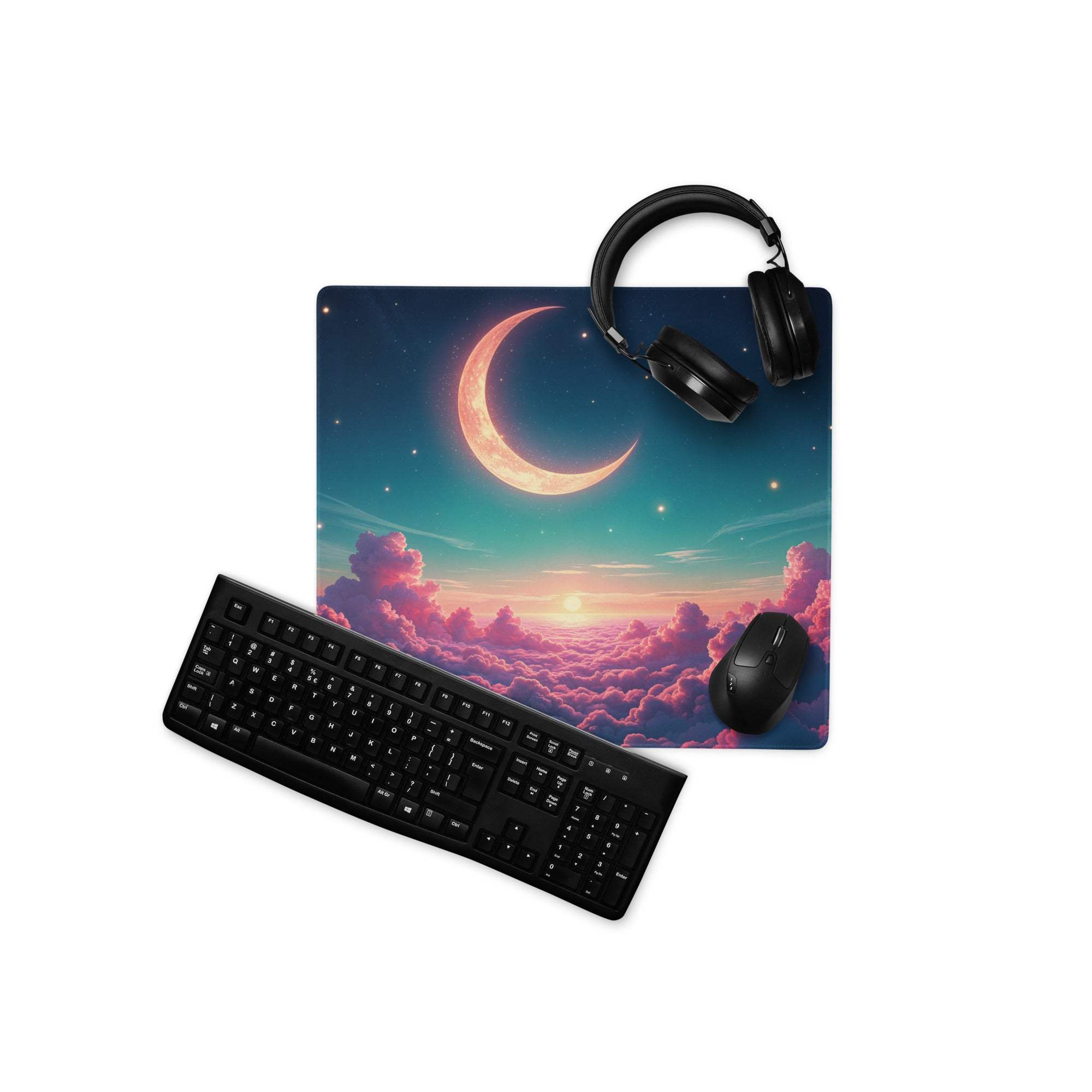Dreamy night sky gaming mouse pad with orange crescent moon and stars