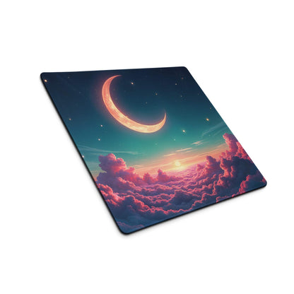 Dreamy night sky gaming mouse pad with glowing orange crescent moon and stars