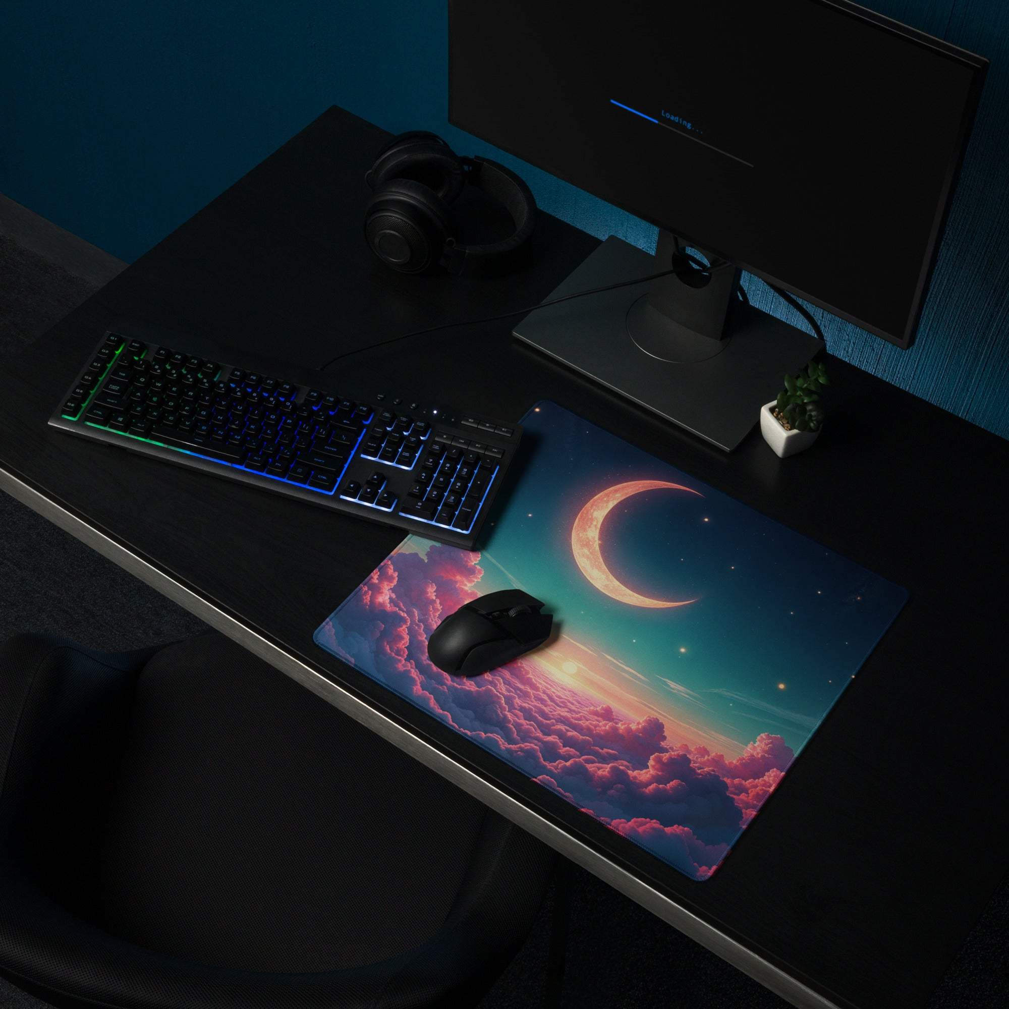 Dreamy night sky gaming mouse pad with cosmic moon, clouds, stars