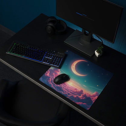 Dreamy night sky gaming mouse pad with cosmic moon, clouds, stars