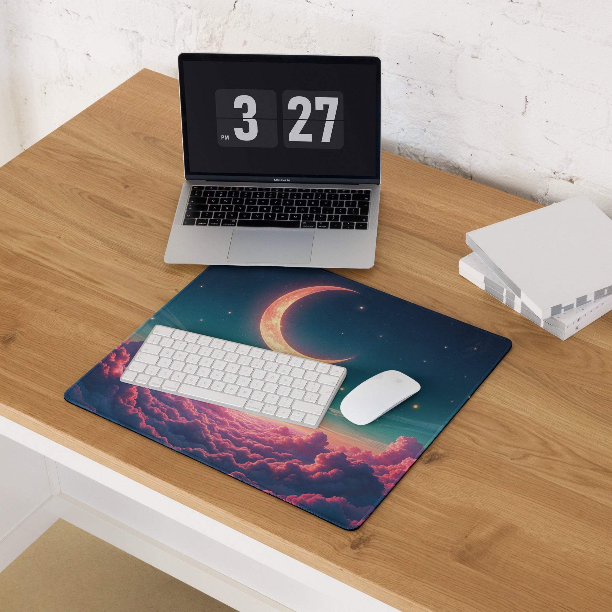 Dreamy night sky gaming mouse pad with orange moon and starry clouds