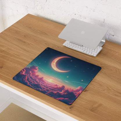 Dreamy night sky gaming mouse pad with orange moon, clouds, teal sky