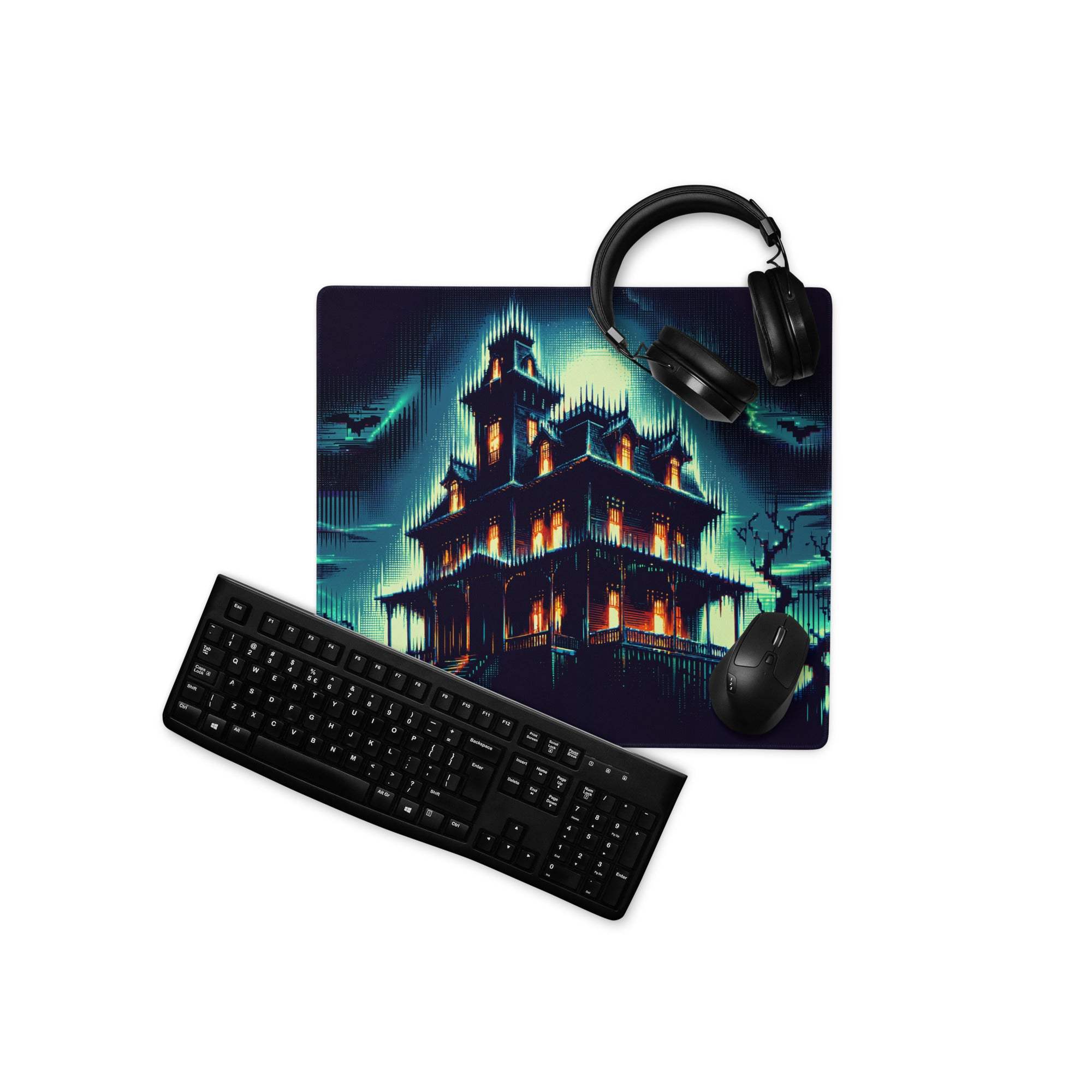 Black gaming mousepad with Epic Neon Haunted Mansion spooky design