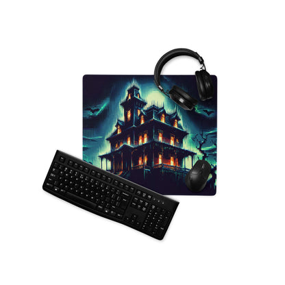Black gaming mousepad with Epic Neon Haunted Mansion spooky design