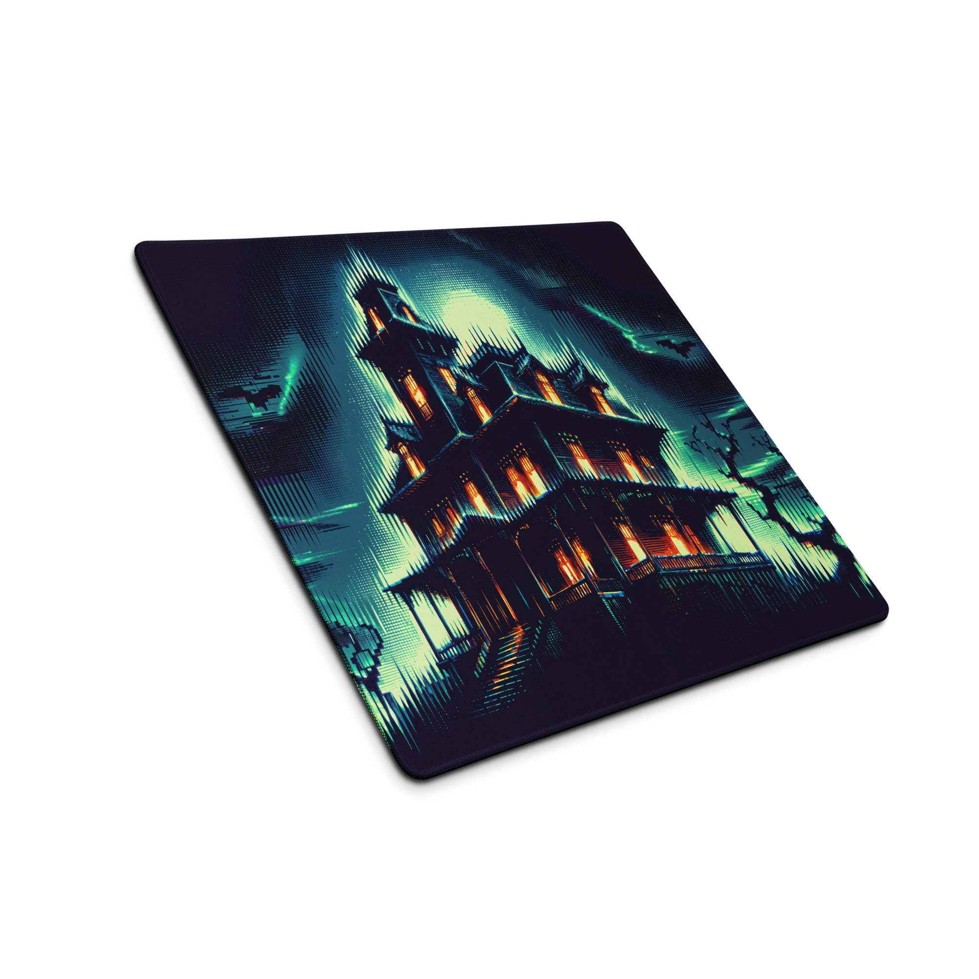 Epic Neon Haunted Mansion large gaming mouse pad with haunted house design