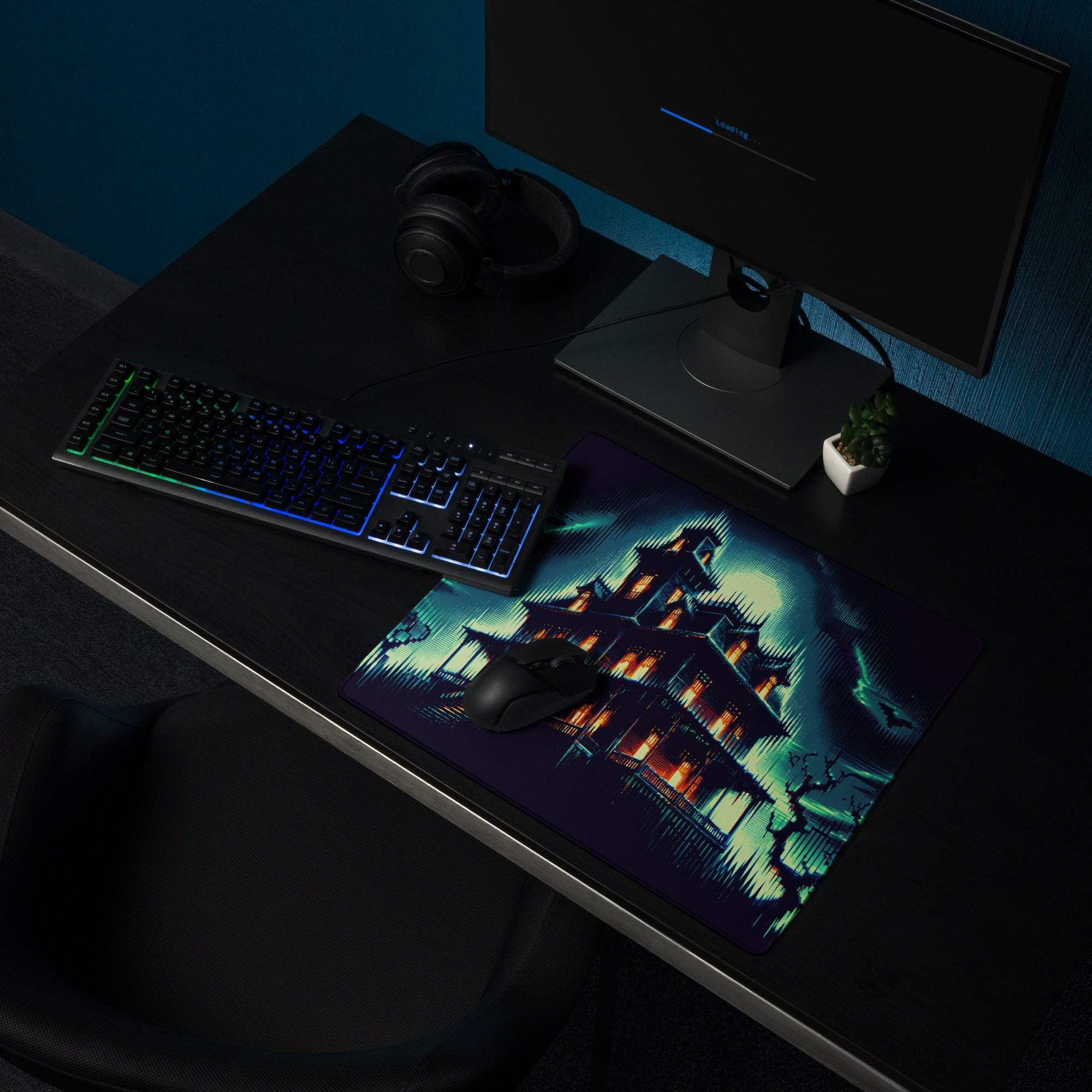 Epic Neon Haunted Mansion large gaming mouse pad with haunted house design