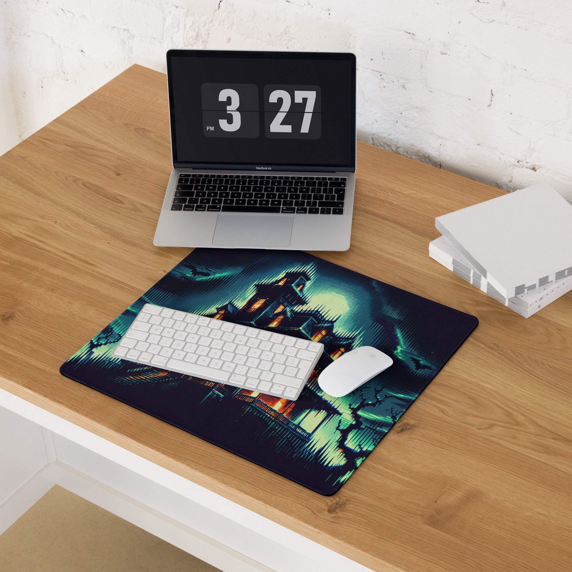 Epic Neon Haunted Mansion large gaming mouse pad with glowing green orange haunted house under full moon