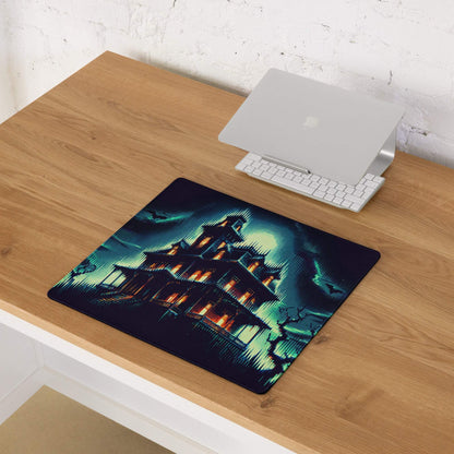 Epic Neon Haunted Mansion large gaming mousepad with haunted house, glowing orange windows, teal lightning, non-slip base, edge stitching