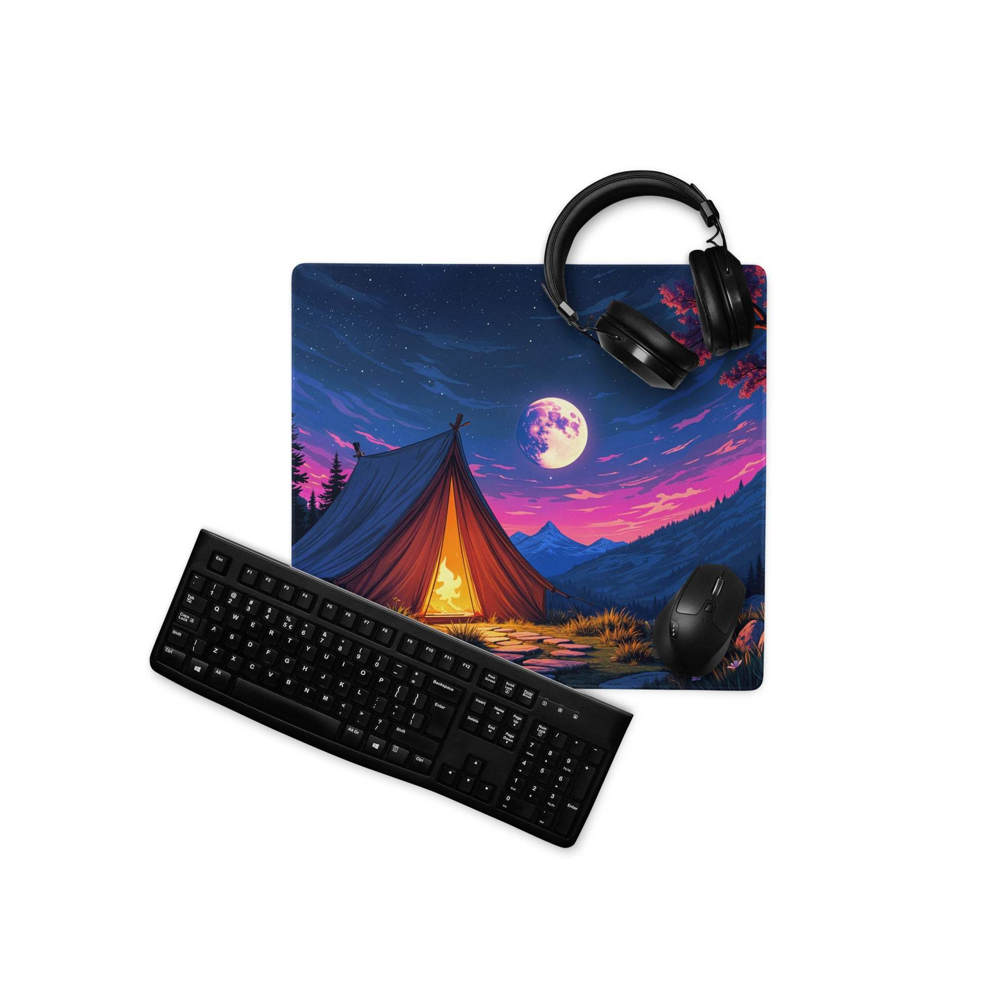 Epic night camping gaming mousepad with moonlit tent and purple twilight sky
