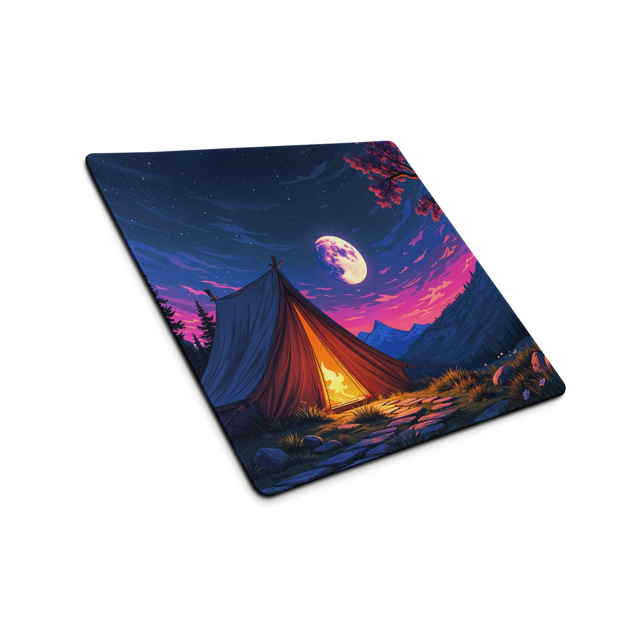 Epic night camping gaming mouse pad with moonlit tent and purple twilight mountains