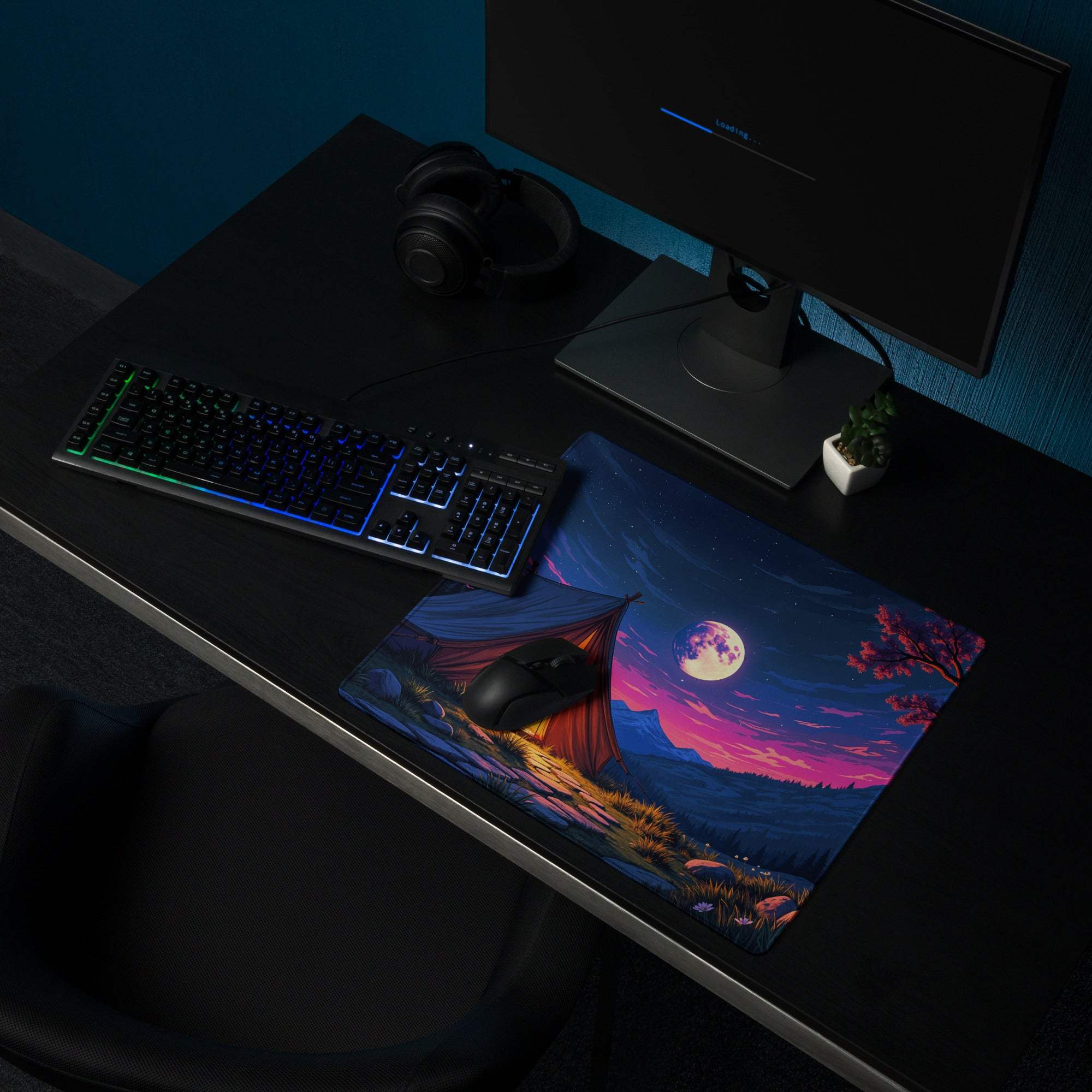 Epic night camping mouse pad with moonlit tent in purple twilight hues