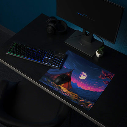 Epic night camping mouse pad with moonlit tent in purple twilight hues