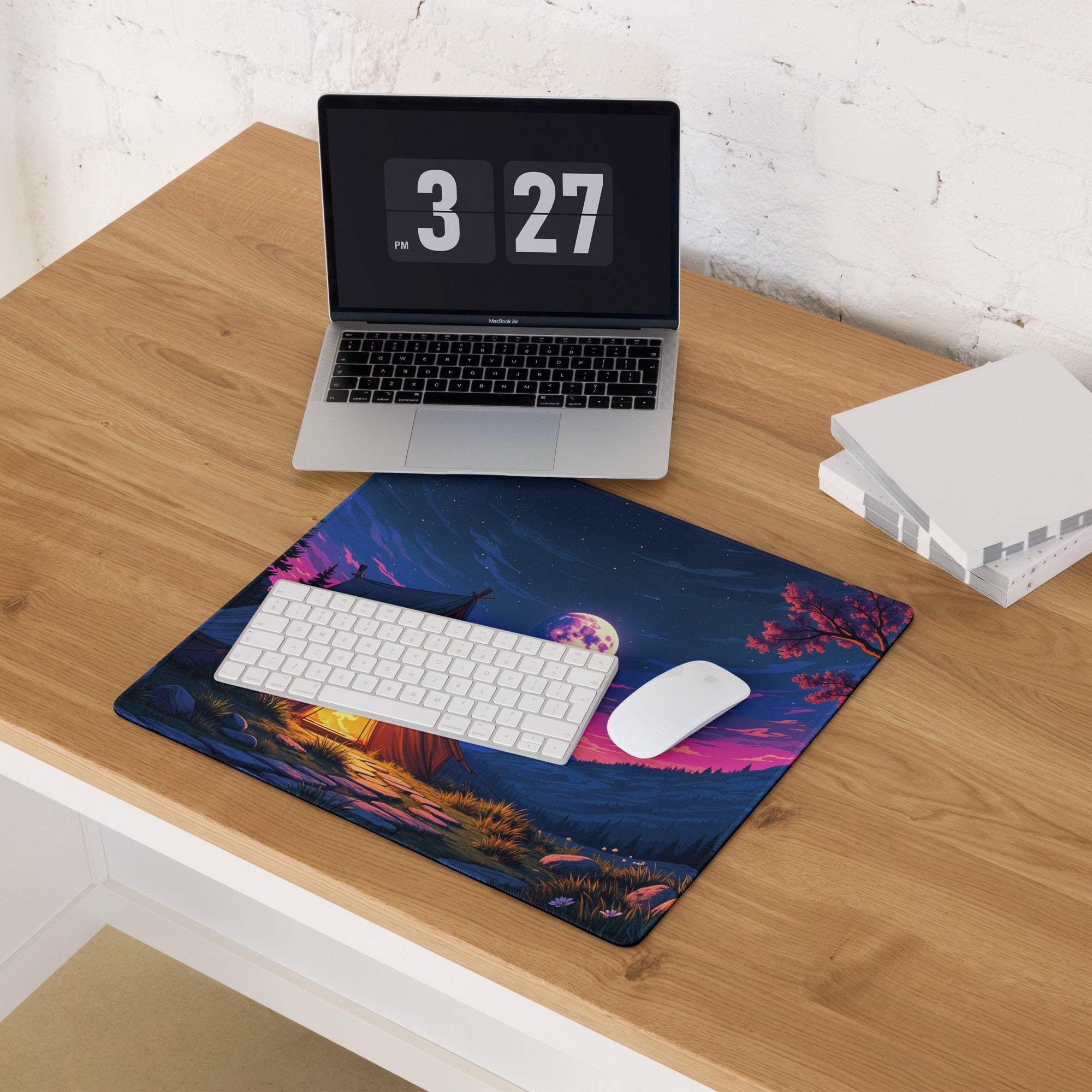 Epic night camping mouse pad with moonlit tent and purple twilight sky