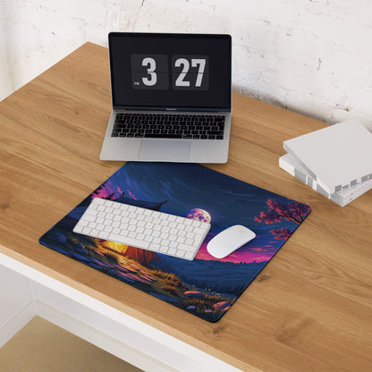Epic night camping mouse pad with moonlit tent and purple twilight sky