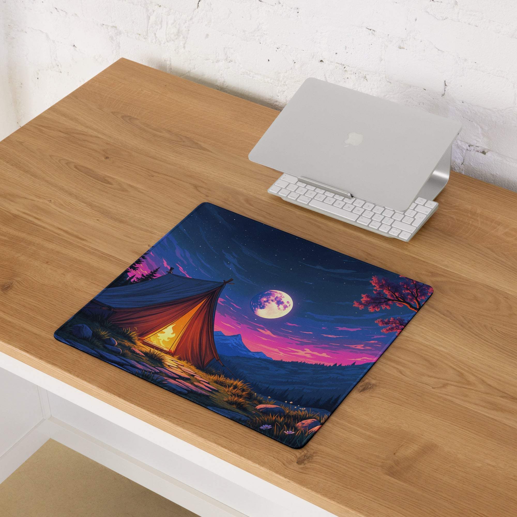 Epic night camping mouse pad with glowing moonlit tent in purple twilight sky