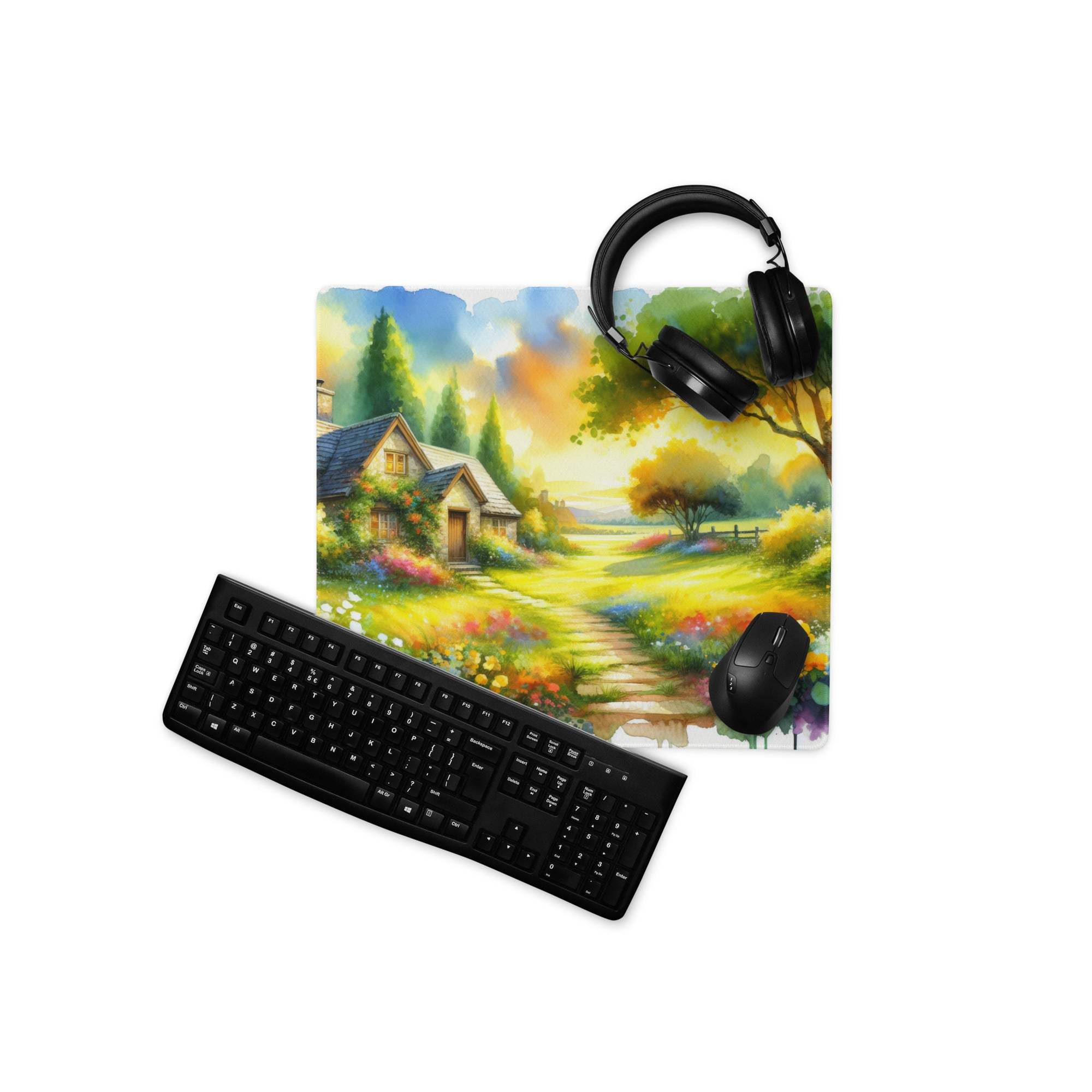 Black keyboard on vibrant watercolor landscape cottage garden gaming mouse pad