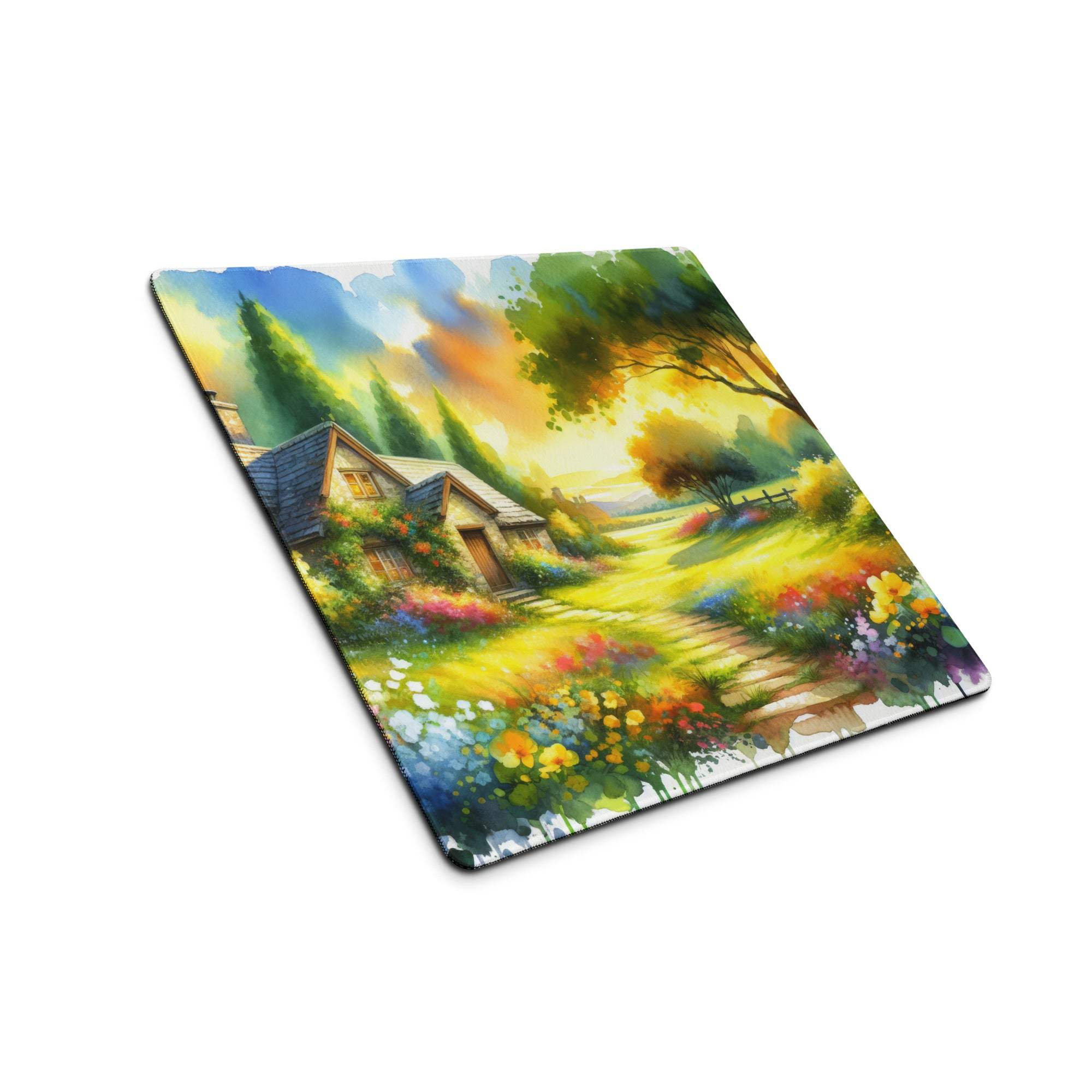 Vibrant watercolor cottage garden landscape large gaming mouse pad