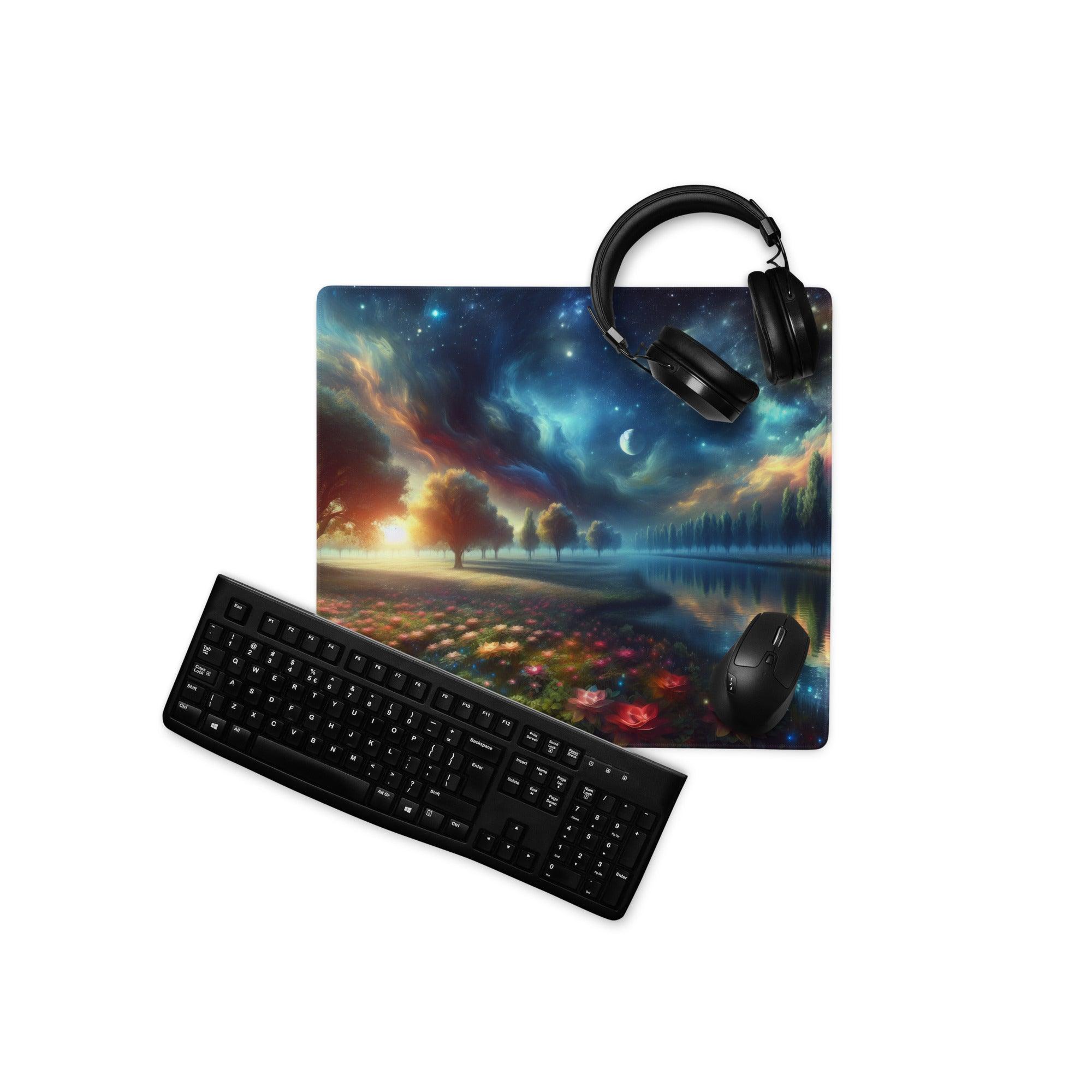 Black gaming headset on vibrant dreamy fantasy landscape mousepad