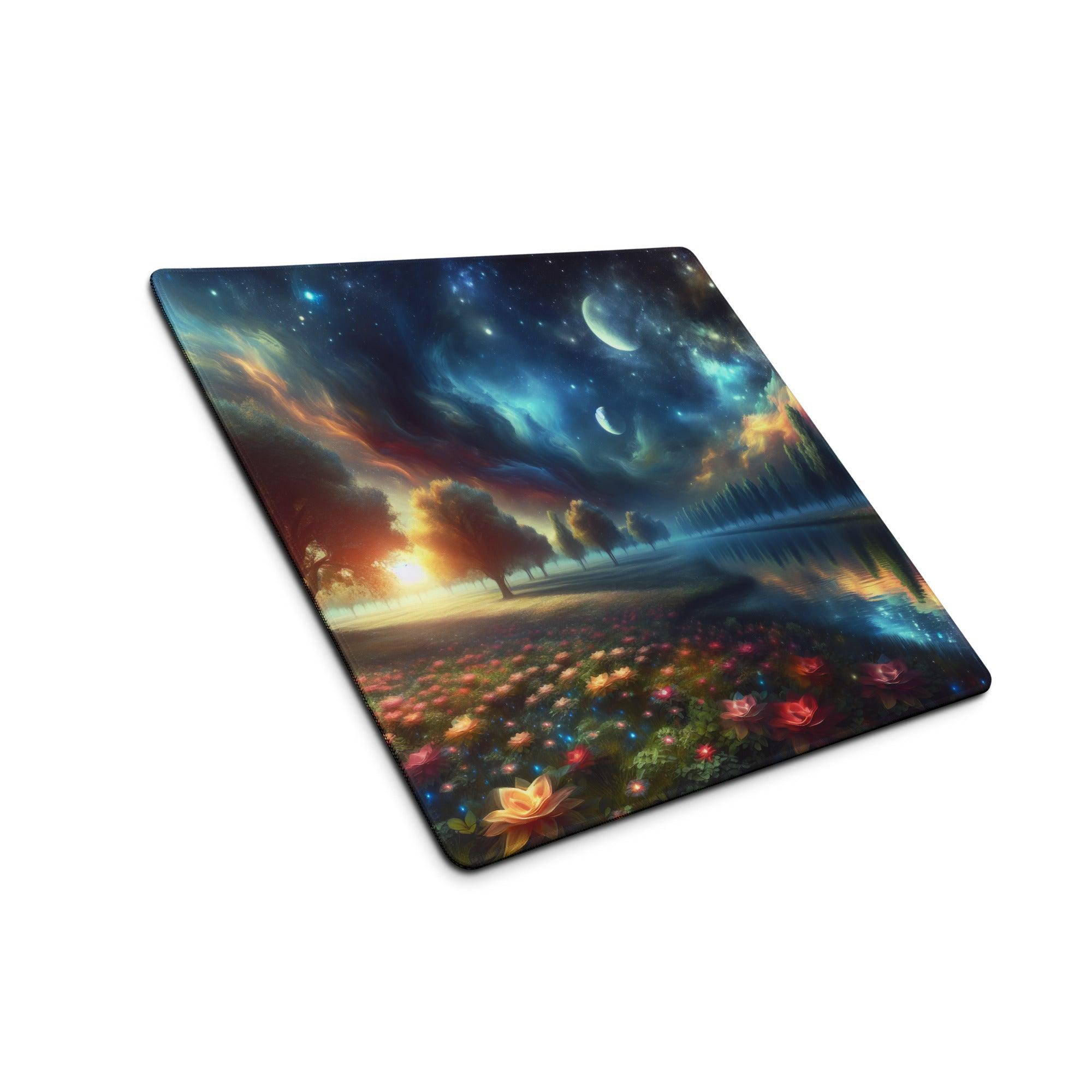 Vibrant dreamy fantasy gaming mouse pad with glowing flowers starry sky