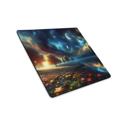 Vibrant dreamy fantasy gaming mouse pad with glowing flowers starry sky