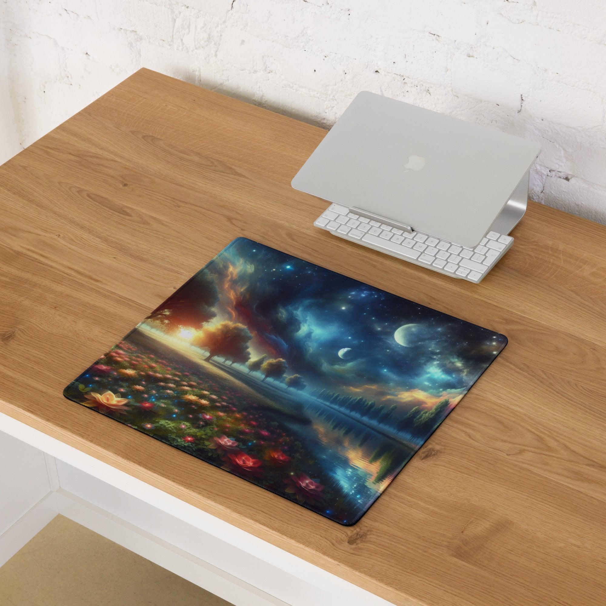 Vibrant cosmic gaming mouse pad with nebulae, stars, glowing flowers, non-slip base