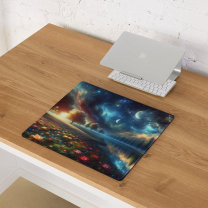Vibrant cosmic gaming mouse pad with nebulae, stars, glowing flowers, non-slip base