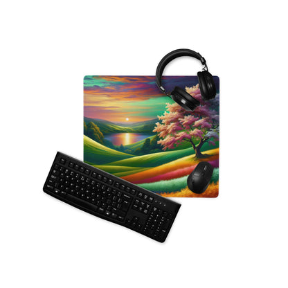 Vibrant rainbow landscape gaming mouse pad with hills, tree, sunset, non-slip backing