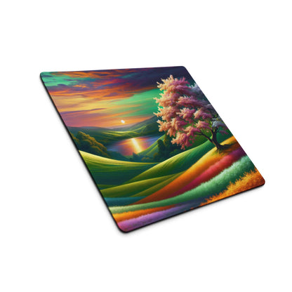 Vibrant rainbow landscape gaming mouse pad with pink tree, hills, sunset, non-slip backing