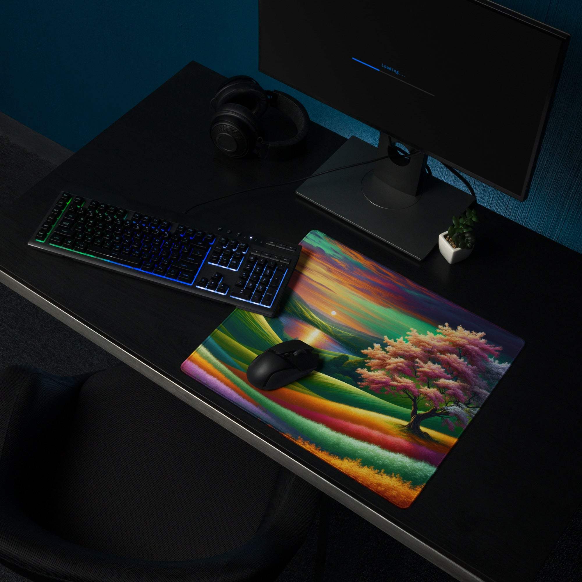 Vibrant rainbow landscape gaming mouse pad with tree, stripes, non-slip backing