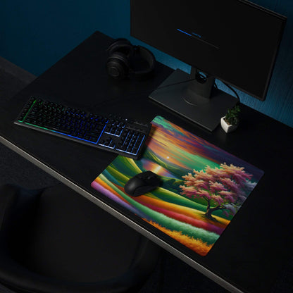 Vibrant rainbow landscape gaming mouse pad with tree, stripes, non-slip backing