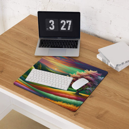 Vibrant rainbow landscape gaming mouse pad with tree, hills, non-slip backing