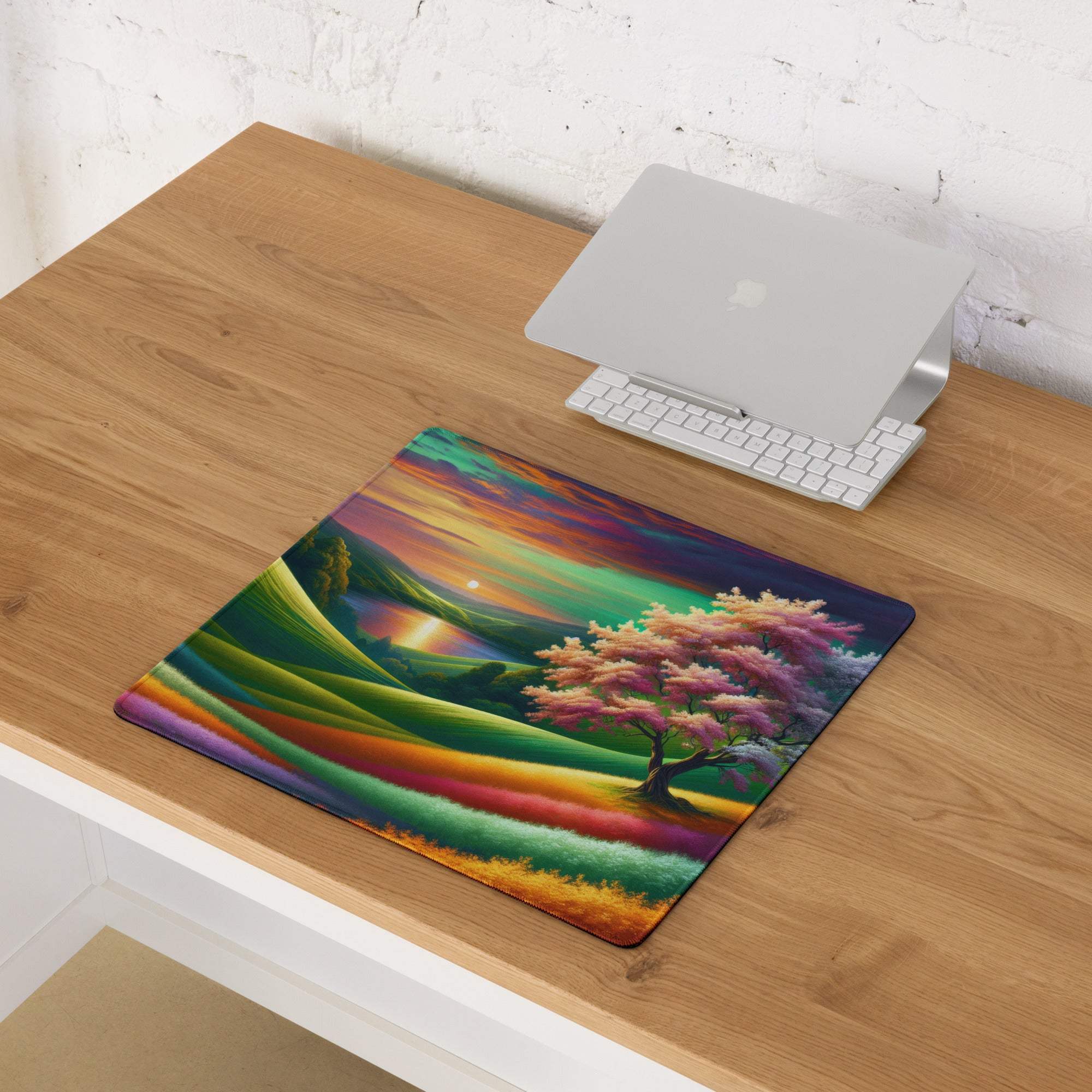 Vibrant rainbow landscape gaming mouse pad with pink tree, hills, non-slip backing