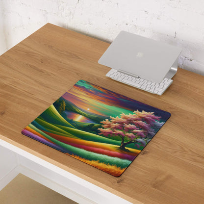 Vibrant rainbow landscape gaming mouse pad with pink tree, hills, non-slip backing