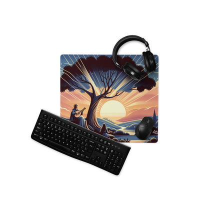 Whimsical sunset guitarist under tree gaming mouse pad, large non-slip