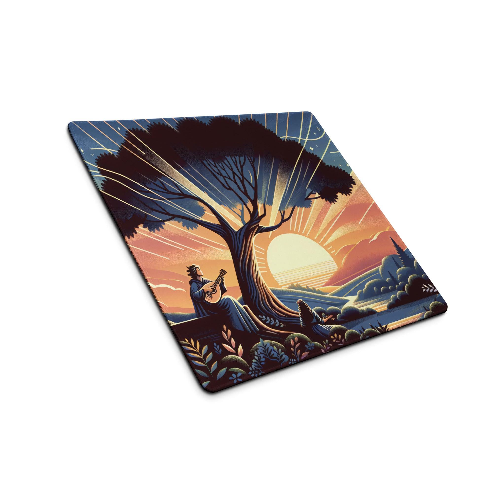 Square coaster with stylized guitarist under sunset tree in orange blue hues