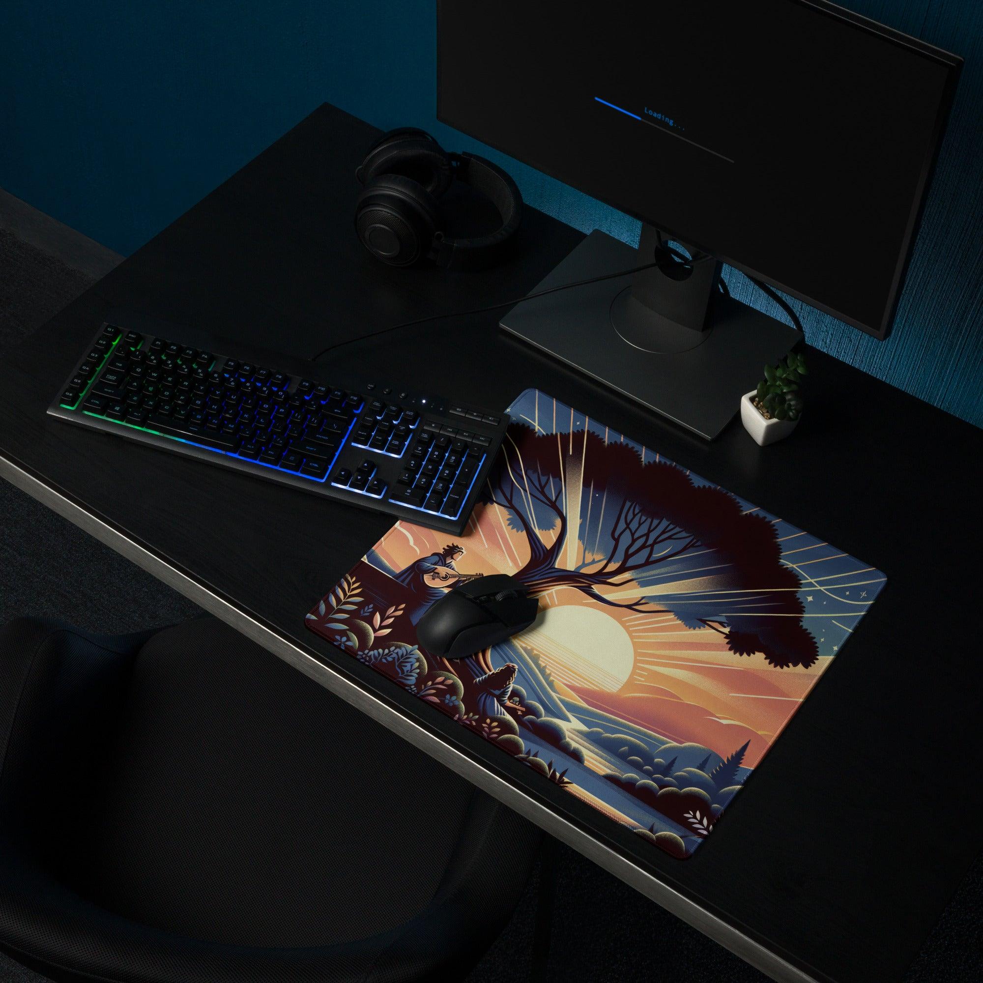 Vibrant sunset tree gaming mouse pad with guitarist illustration