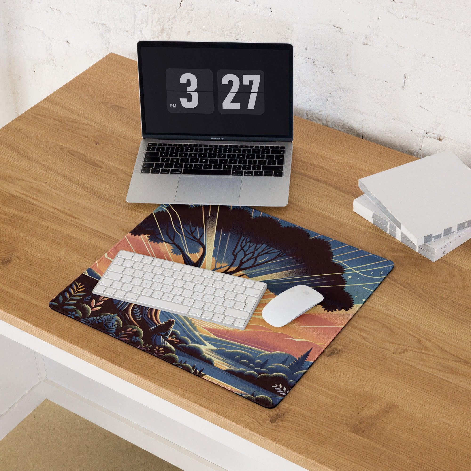 Whimsical sunset tree guitarist gaming mouse pad with glowing branches