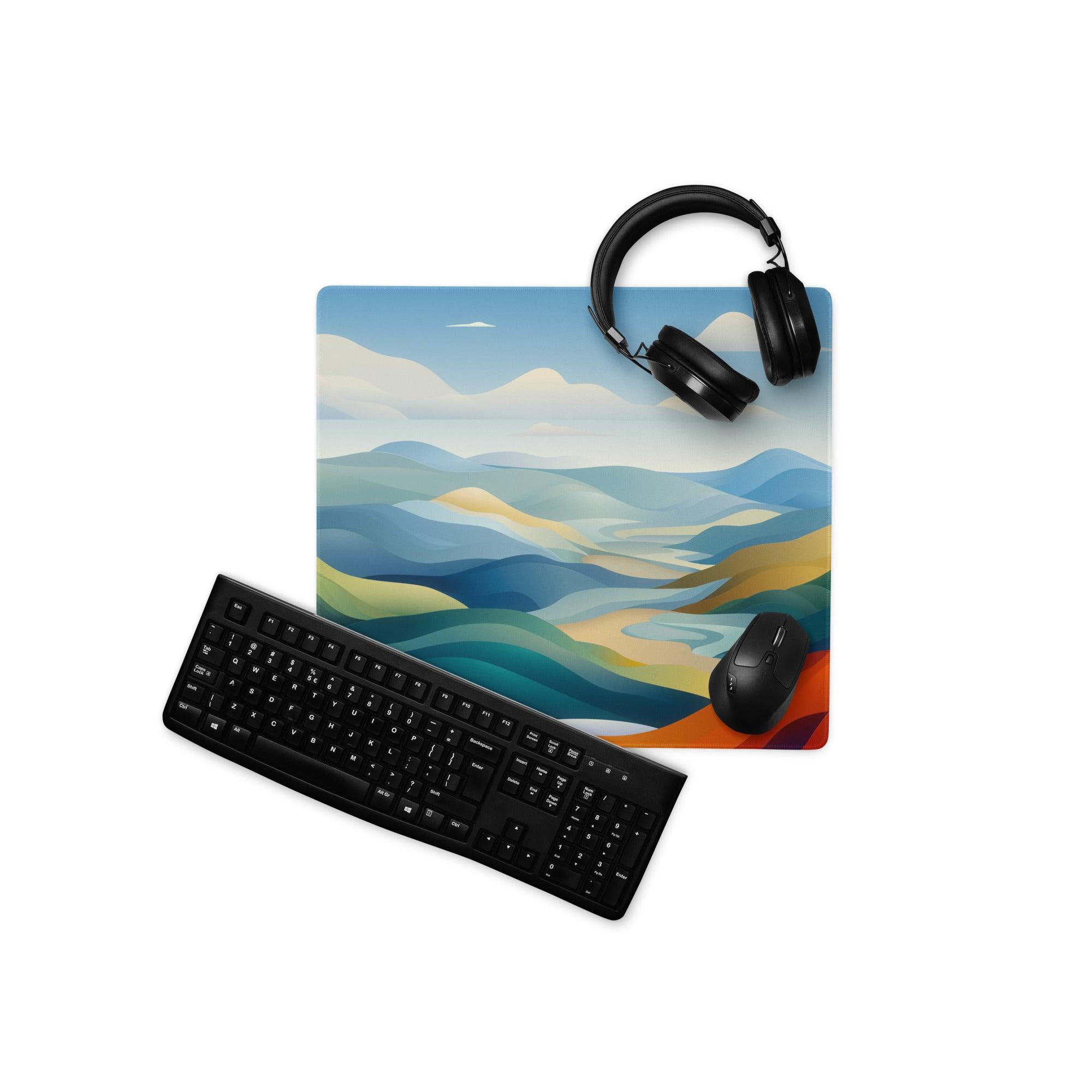 Vibrant landscape gaming mouse pad with large size, non-slip base, edge stitching