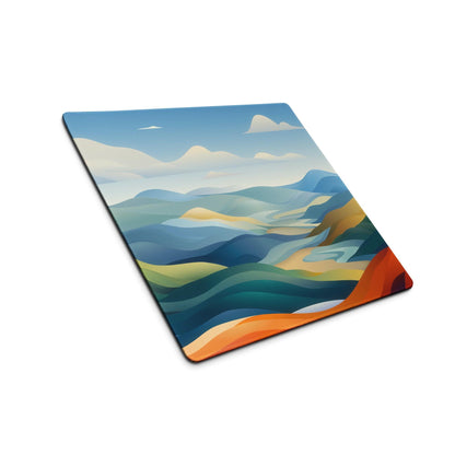 Vibrant landscape gaming mouse pad with colorful mountains, non-slip base, edge stitching