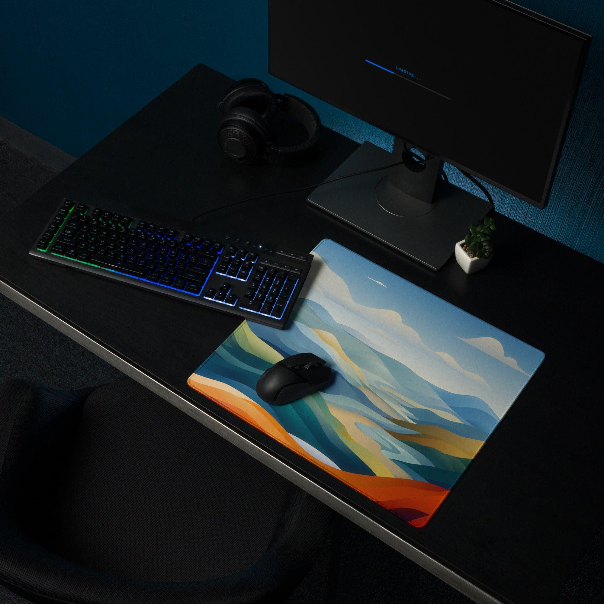 Vibrant landscape gaming mouse pad with large size, non-slip base and edge stitching