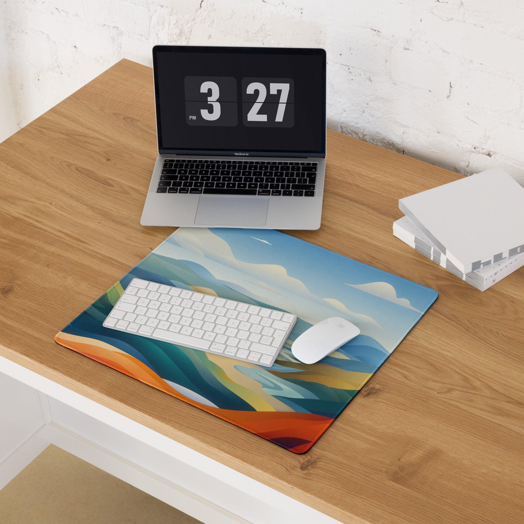 Vibrant landscape gaming mouse pad with blue teal orange hues mountains non-slip base