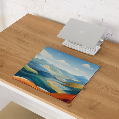 Vibrant large gaming mouse pad with abstract blue green mountain design