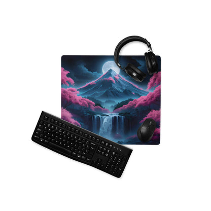 Fantasy Nightscape neon pink blue moonlit mountain gaming mouse pad