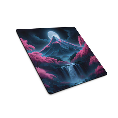 Nebula fantasy nightscape gaming mouse pad with neon pink blue moonlit mountain waterfall