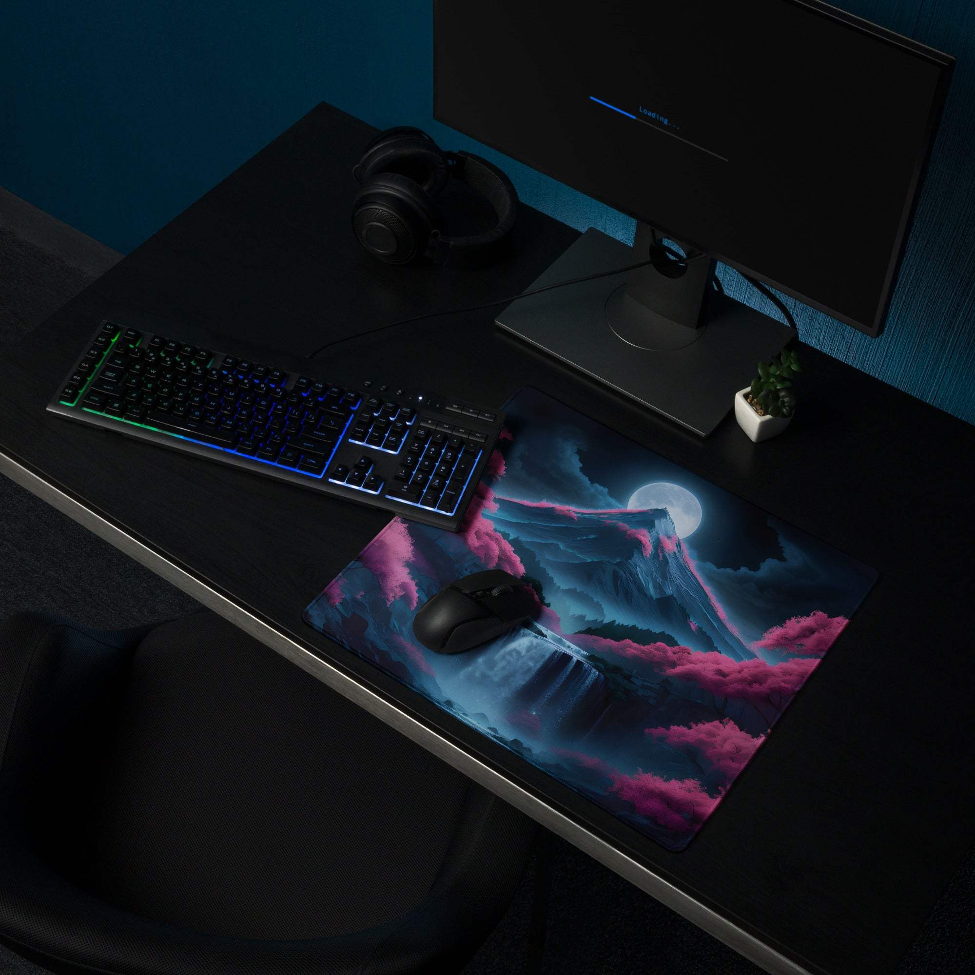 Fantasy Nightscape neon pink and deep blue mountain landscape gaming mouse pad