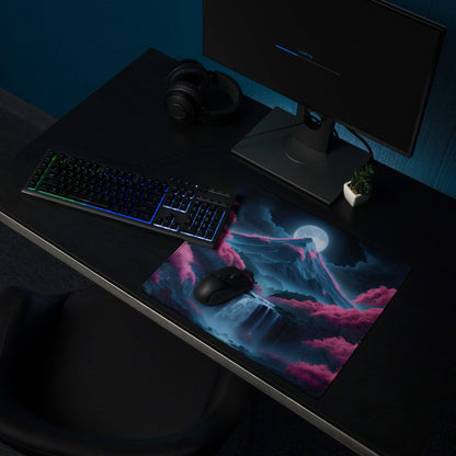 Fantasy Nightscape neon pink and deep blue mountain landscape gaming mouse pad