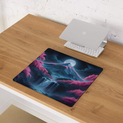 Fantasy Nightscape gaming mouse pad with neon pink moonlit mountains