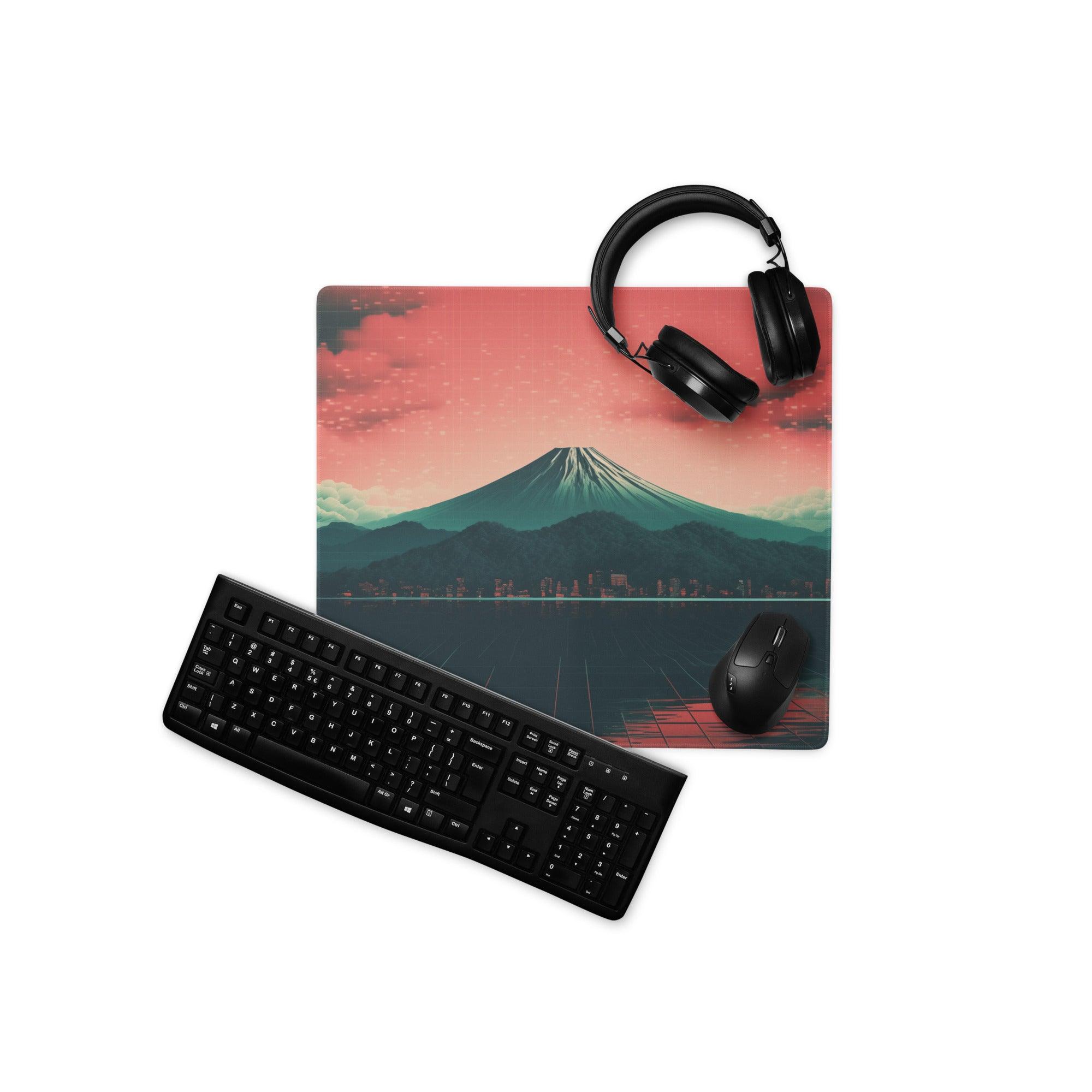 Cyberpunk Mount Fuji neon sunset gaming mouse pad with headphones