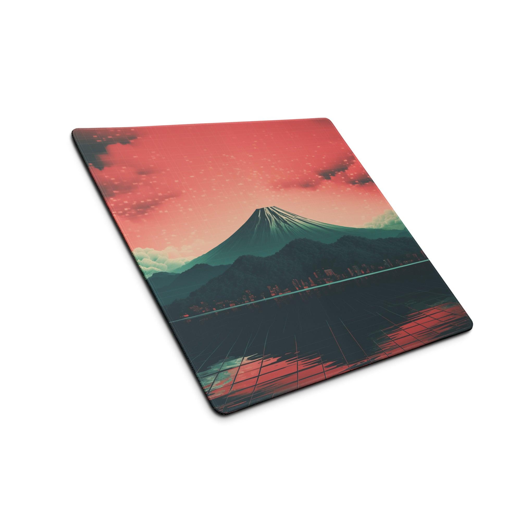Cyberpunk Mount Fuji neon sunset large gaming mouse pad with reflection