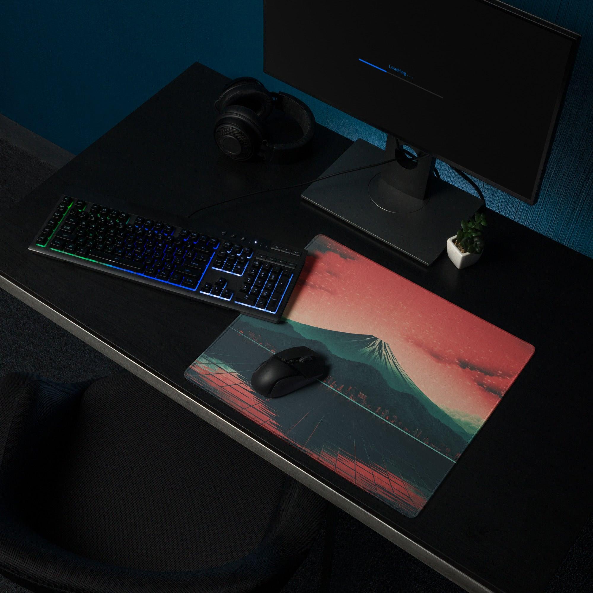 Cyberpunk Mount Fuji neon sunset gaming mouse pad with grid lines